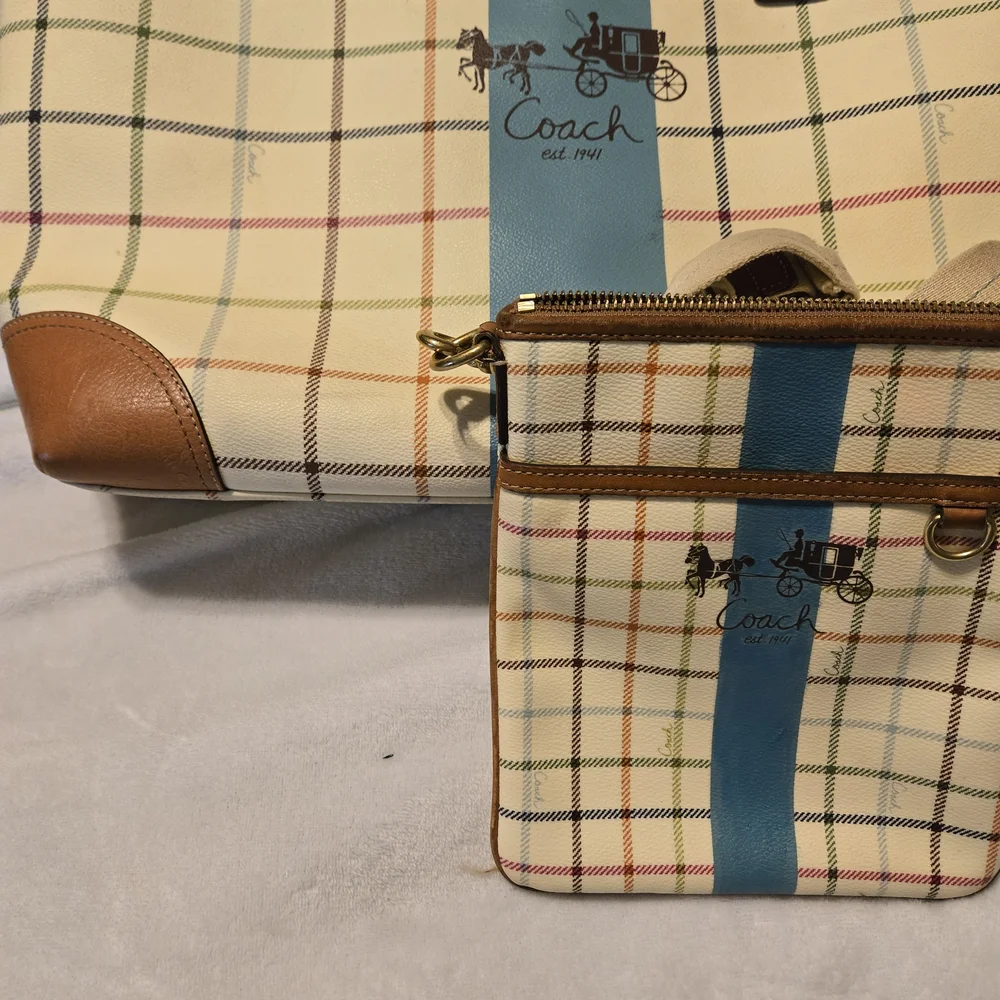 Coach Tatersall Diaper Bag - Blue and Tan